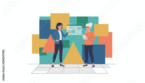 Two female professionals analyzing graphs and charts for business success