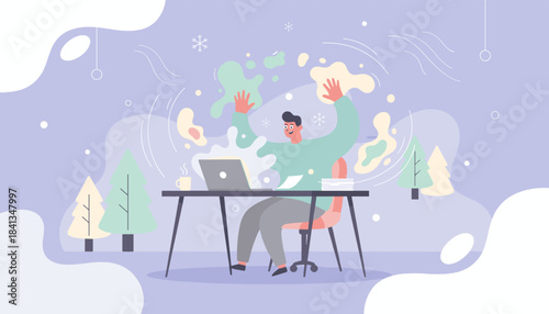Joyful worker celebrates success while telecommuting in a stylized winter scene illustration