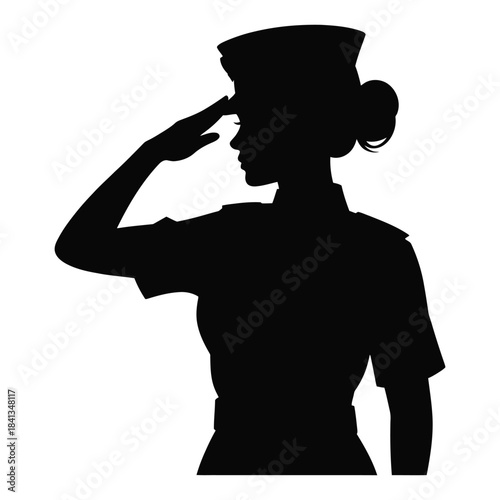 Silhouette of a female soldier in uniform saluting, representing military service, patriotism, respect, honor, and women in armed forces