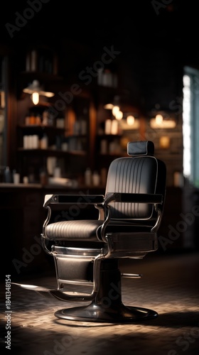 Vintage barber chair in barbershop interior, classic grooming salon background