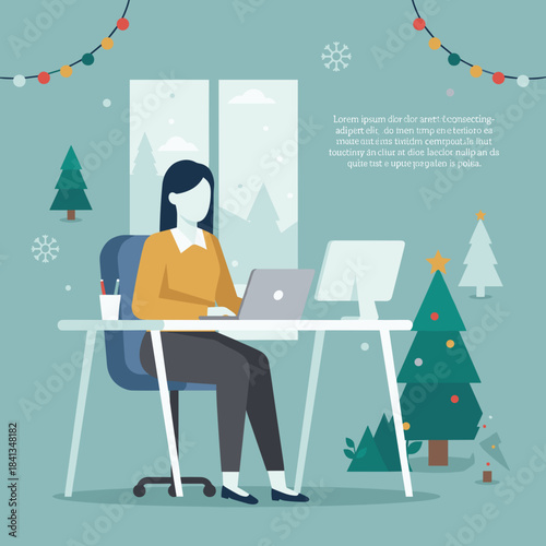 Professional woman working on a laptop in an office decorated for Christmas and winter holidays