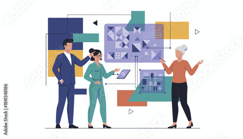 Professional team collaborating on complex data visualization and technical strategy