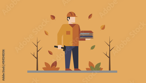 Construction worker illustration holding tools and samples in an autumnal outdoor setting