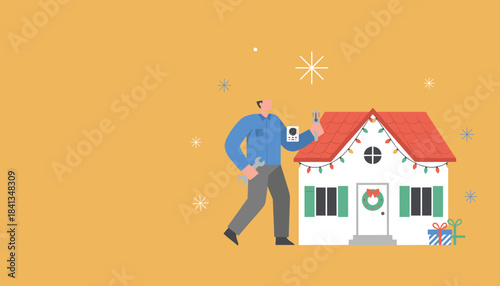 Service worker checks home heating during Christmas and winter Holiday house repair or maintenance concept