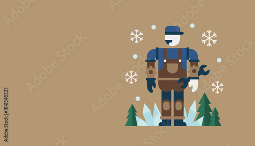 Stylized winter worker holding a wrench among snow and pine trees