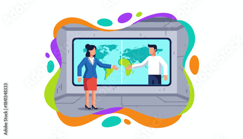 Global business partnership through video conference with world map display