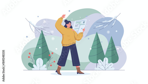 Concerned woman reviews digital documents in a snowy outdoor winter scene illustration