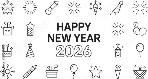 Happy New Year 2026 celebration icons set, party and festive symbols