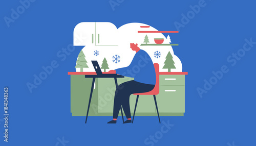 Senior person working remotely on a laptop at home during winter holidays WFH illustration