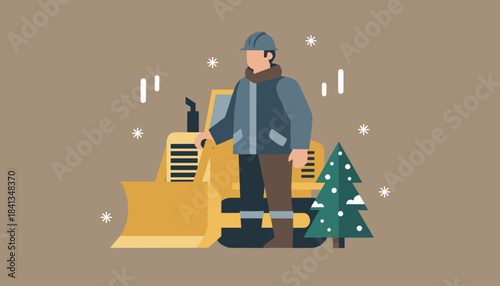 Construction worker with bulldozer and festive Christmas tree during snowy winter season