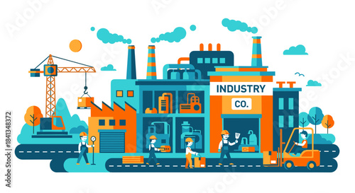 Industrial factory scene with workers crane and forklift Manufacturing production and logistics concept