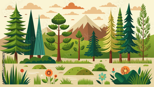 Very beautiful modular vector kit featuring spruce trees, pines, grasses, and hills in clean outlines, ideal for constructing customizable landscapes, parks, forest scenes, and creative outdoor compos
