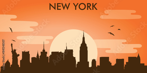 Minimalist vector illustration of the New York City skyline against the backdrop of the sunset.