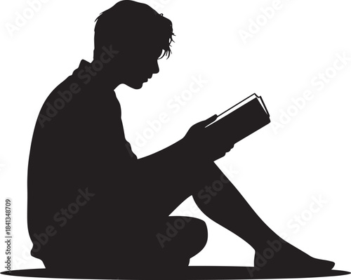 Silhouette of man reading book sitting on floor, black icon