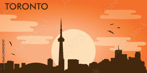 Stylish minimalist illustration of the Toronto skyline (Toronto, Canada) against the backdrop of sunset or sunrise. A large cream-colored sun hangs low above the horizon.