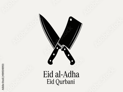 Minimalist Crossed Chef's Knife and Cleaver Vector Illustration with 'Eid al-Adha Eid Qurbani' Text