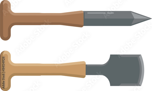 Wooden handle tools illustration, metal chisel and pointed spike, woodworking equipment, hand tool set, carpentry accessories, construction hardware graphic