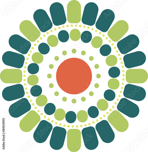 Geometric circular pattern with red center and green blue elements symmetrical
