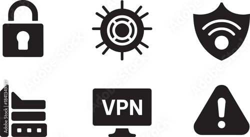 Security and protection icons set, including lock, shield, vpn, warning sign, for cybersecurity and safety concepts