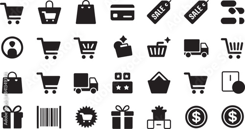 Ecommerce shopping icons for web and mobile app, sale and delivery symbols