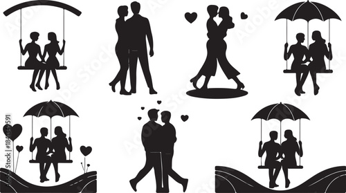 Romantic Couple Silhouettes on Swings and Under Umbrellas on White Background vector
