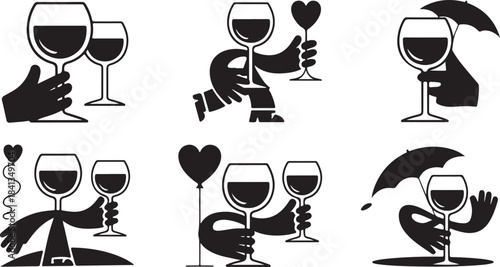 Collection of Black Silhouettes of Wine Glasses and Figures Celebrating celebration toast