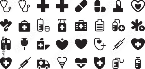 Collection of medical icons including stethoscopes crosses pills and hearts for healthcare and wellness design