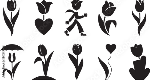 Variety of Black Silhouette Tulip Flower Designs with Human and Symbolic Elements tulips flowers