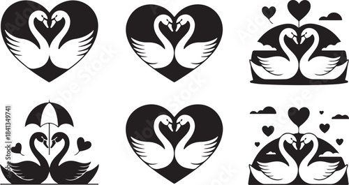 Collection of Black Silhouette Swan Heart Designs for Romance and Love Themes swans hearts