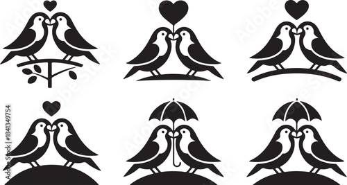 Six Silhouette Designs of Two Birds in Romantic Poses with Hearts and Umbrellas love romance