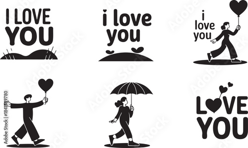 Six Silhouette Designs of People with Hearts and Umbrellas and Text " I Love You romance couple
