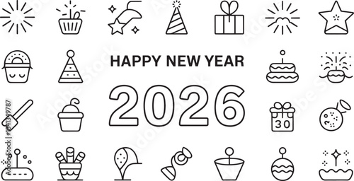 Happy New Year 2026 icons festive celebration symbols for holidays and events minimalist collection on white background