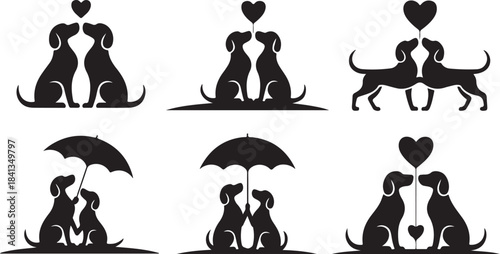 Six Silhouette Designs of Two Dogs in Romantic Poses with Hearts and Umbrellas love romance
