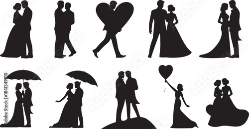 Collection of wedding couple silhouettes in various romantic poses and actions Keywords: wedding, couple, silhouette, love, romance, marriage, bride, groom, heart, umbrella, balloon, celebration