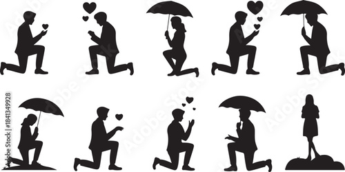Silhouettes of men and women proposing with hearts and umbrellas proposal woman