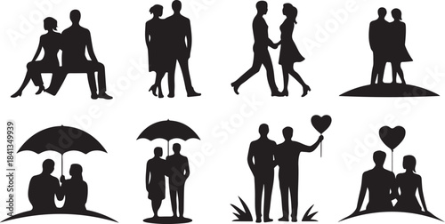 Couples Silhouettes in Romantic Poses and Scenarios umbrellas vector