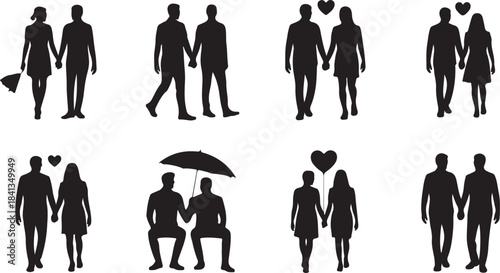 Couples Silhouettes Holding Hands in Various Poses and Scenarios vector illustrations