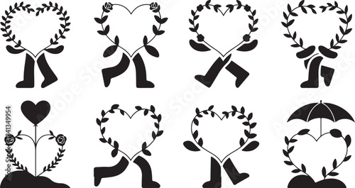 Eight black silhouette figures forming heart shapes with floral wreaths and engaging in different actions