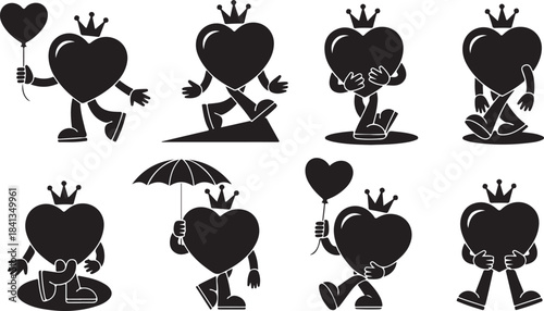 Eight black silhouette heart characters wearing crowns and engaged in various activities with balloons and umbrellas