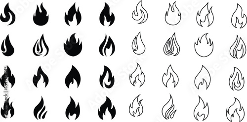 Fire icons set collection with flame symbols in gradient, black flat, and line style, burning heat blaze energy illustration group for safety warning hazard UI design and emergency graphics