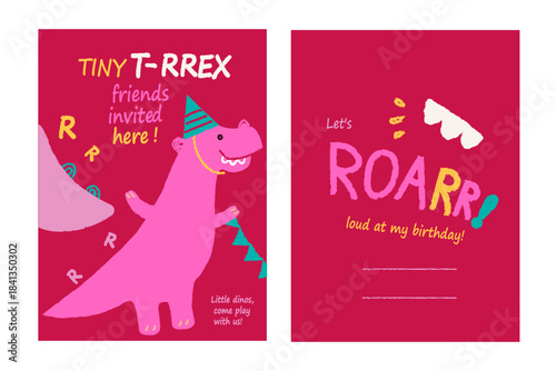 A two sided invitation card with a smiling dinosaur in a party hat on the front and cute lettering inside.. Cute and bright invitation for a birthday party and celebration.