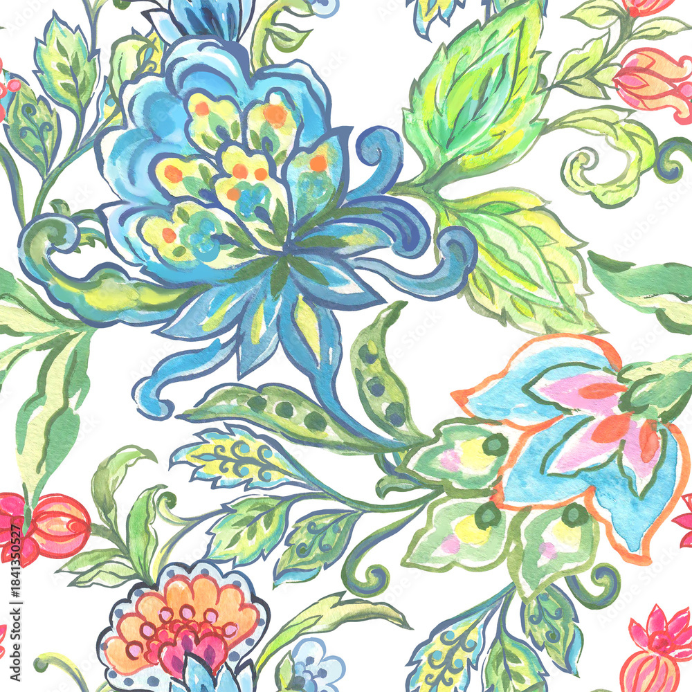 Fototapeta premium Damask paisley jacobean isolated floral foliage bunch ornament arrangement watercolor hand painted