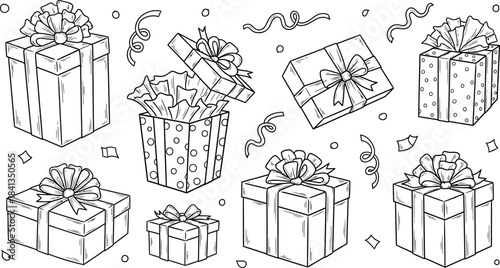 Collection of hand drawn gift boxes with ribbons and bows