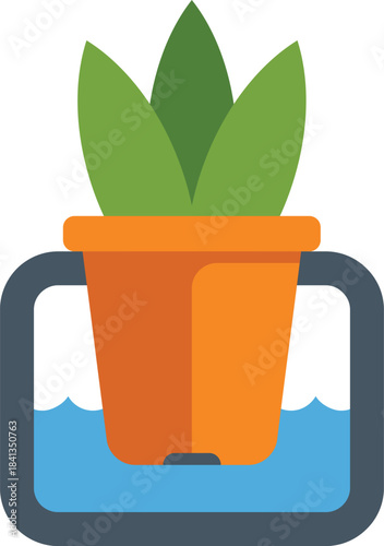Simple icon of a potted plant with its roots submerged in water, depicting the ebb and flow hydroponics technique