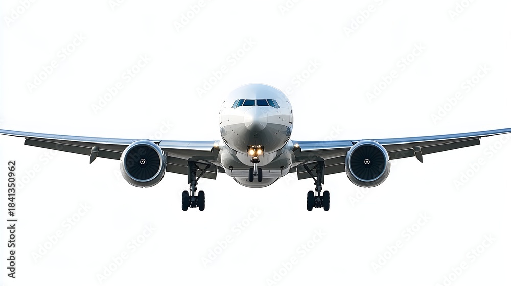 Fototapeta premium White passenger jet airplane front view isolated on white