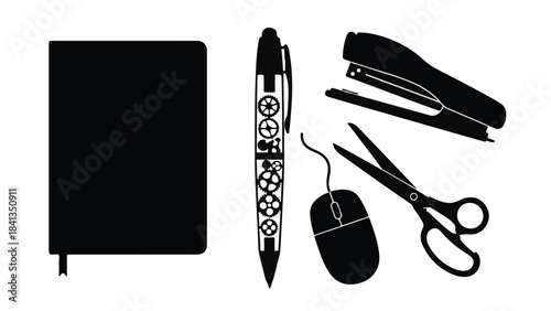 Black and white office stationery set with notebook, pen, scissors, mouse, and stapler on white background, flat lay, business supplies