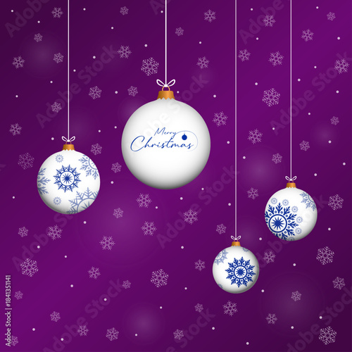Purple pink merry chrismas card with winter snow, snowflakes, 3d bauble illustration. Winter holidays concept card design to use for merry christmas greetings, winter advertising, happy new year card.