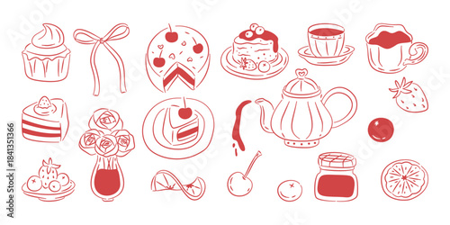 Hand-drawn red line art illustrations perfect for a high tea party, featuring cakes, sweets, a teapot, and flowers.