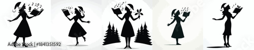 vector silhouette of woman a singing carol christmas