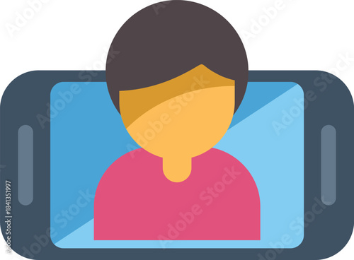 This vector illustration shows a young man appearing on a smartphone screen, participating in a video call